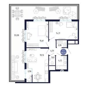 3-к квартира, строящийся дом, 118м2, 1/25 этаж