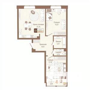 2-к квартира, строящийся дом, 65м2, 1/14 этаж