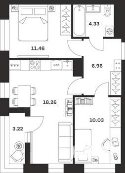 2-к квартира, вторичка, 54м2, 6/16 этаж