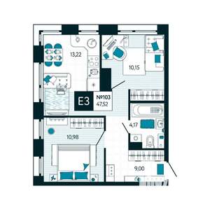 2-к квартира, вторичка, 48м2, 9/15 этаж