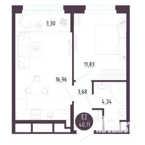 1-к квартира, строящийся дом, 40м2, 2/10 этаж