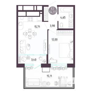 2-к квартира, строящийся дом, 55м2, 1/10 этаж