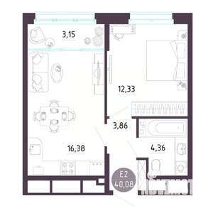 1-к квартира, строящийся дом, 40м2, 4/10 этаж