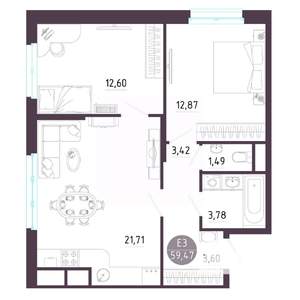 2-к квартира, строящийся дом, 59м2, 3/10 этаж