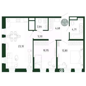 2-к квартира, строящийся дом, 64м2, 5/25 этаж