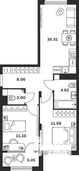 2-к квартира, вторичка, 58м2, 1/15 этаж