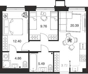 2-к квартира, вторичка, 57м2, 1/25 этаж