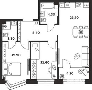 3-к квартира, строящийся дом, 68м2, 7/24 этаж