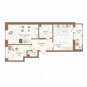 2-к квартира, строящийся дом, 58м2, 1/14 этаж