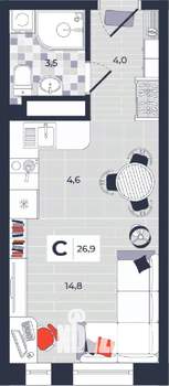 Студия квартира, строящийся дом, 27м2, 12/14 этаж