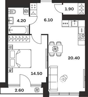 1-к квартира, вторичка, 50м2, 6/9 этаж