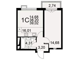 1-к квартира, строящийся дом, 39м2, 2/16 этаж