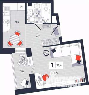 1-к квартира, строящийся дом, 35м2, 2/14 этаж
