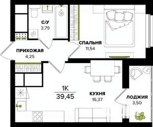 1-к квартира, строящийся дом, 39м2, 22/25 этаж