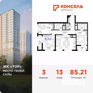 3-к квартира, вторичка, 85м2, 13/25 этаж