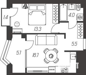 1-к квартира, строящийся дом, 47м2, 10/24 этаж