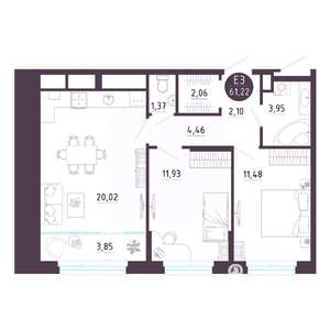 2-к квартира, строящийся дом, 61м2, 4/10 этаж