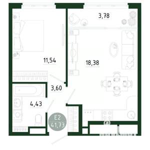 1-к квартира, строящийся дом, 42м2, 18/25 этаж