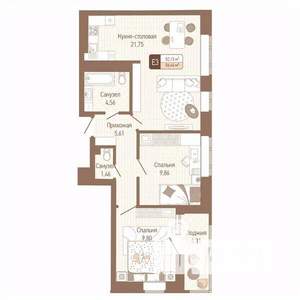 2-к квартира, строящийся дом, 54м2, 8/14 этаж