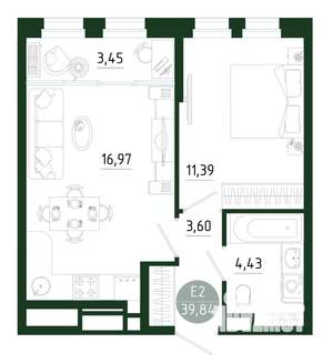 1-к квартира, строящийся дом, 40м2, 3/25 этаж