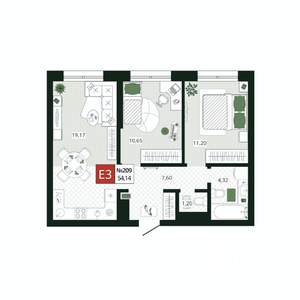 2-к квартира, строящийся дом, 54м2, 3/19 этаж