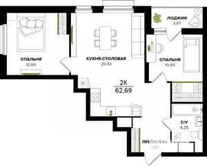 2-к квартира, вторичка, 63м2, 2/25 этаж