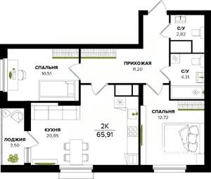 2-к квартира, вторичка, 66м2, 13/25 этаж