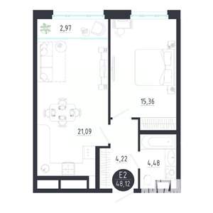 1-к квартира, строящийся дом, 48м2, 2/8 этаж