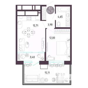 2-к квартира, строящийся дом, 55м2, 1/10 этаж