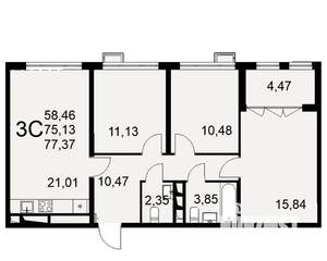 3-к квартира, строящийся дом, 77м2, 8/16 этаж