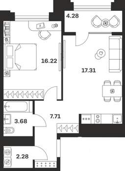 1-к квартира, вторичка, 51м2, 2/10 этаж