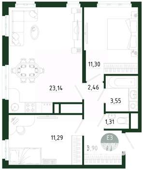 2-к квартира, строящийся дом, 57м2, 8/25 этаж