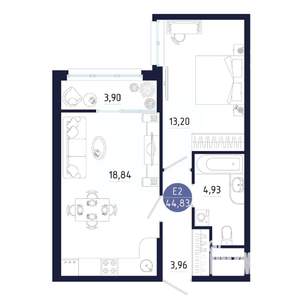 1-к квартира, строящийся дом, 45м2, 2/25 этаж