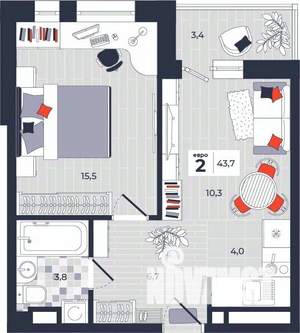 2-к квартира, строящийся дом, 44м2, 8/14 этаж