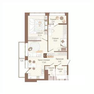 2-к квартира, вторичка, 58м2, 6/14 этаж