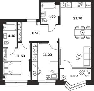 2-к квартира, строящийся дом, 68м2, 3/24 этаж