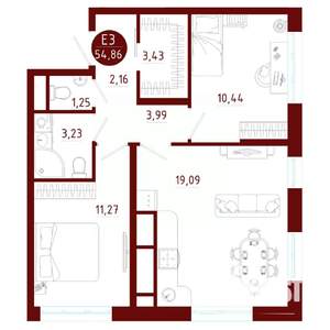 2-к квартира, вторичка, 55м2, 8/10 этаж