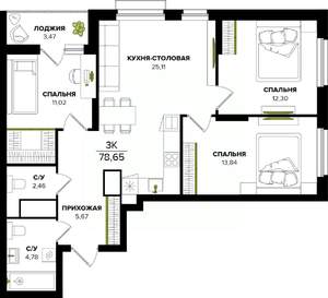 3-к квартира, вторичка, 79м2, 18/25 этаж