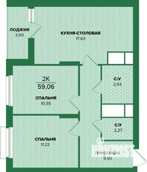 2-к квартира, вторичка, 59м2, 22/25 этаж