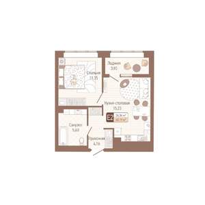 1-к квартира, строящийся дом, 40м2, 1/14 этаж