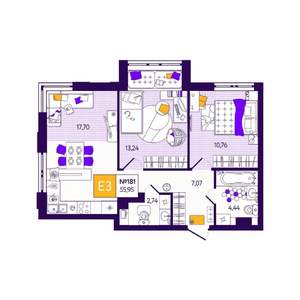 2-к квартира, вторичка, 56м2, 2/12 этаж