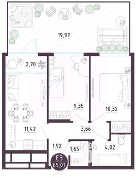 2-к квартира, вторичка, 65м2, 1/10 этаж