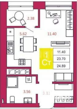 Студия квартира, вторичка, 24м2, 18/22 этаж
