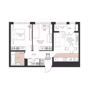 2-к квартира, строящийся дом, 51м2, 3/5 этаж