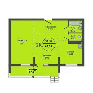 2-к квартира, вторичка, 62м2, 1/9 этаж