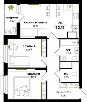 2-к квартира, вторичка, 60м2, 2/25 этаж
