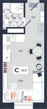 Студия квартира, строящийся дом, 27м2, 12/14 этаж