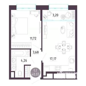 1-к квартира, строящийся дом, 40м2, 10/10 этаж