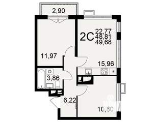 2-к квартира, строящийся дом, 50м2, 1/16 этаж