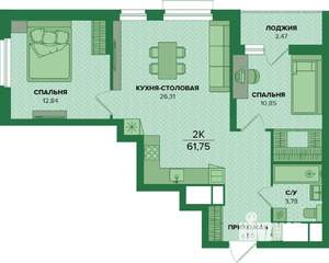 2-к квартира, вторичка, 62м2, 10/25 этаж